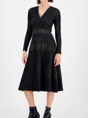 T Tahari Metallic Mock Wrap Sweater Dress